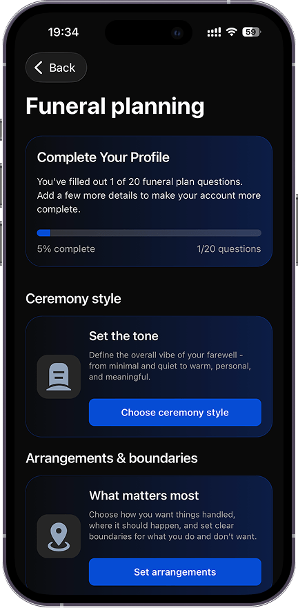 Funeral planning screen